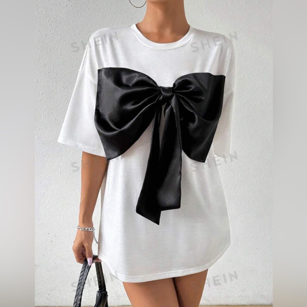 Shein XS white tshirt w/black satin bow. NWT. Can be worn as a dress or a top